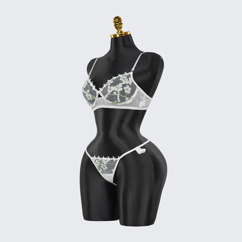 Sexy White Lace Embroidered Lingerie Sheer Bra Panties Set