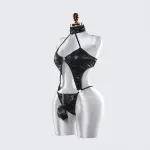 Sexy Black Leather Lingerie Bodysuit