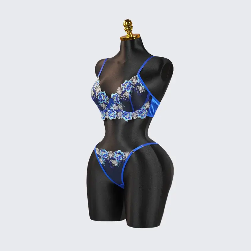 Blue Floral Lace Embroidered See-through Bra