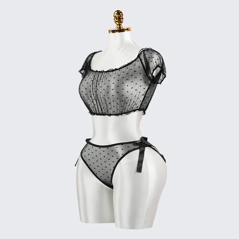 Black Polka Dot See-Through Hollow Bra Panty Set