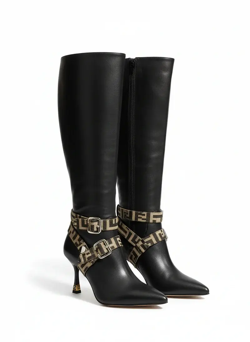 Boots with Decorative Ankle Straps Elegant Knee-High R-60