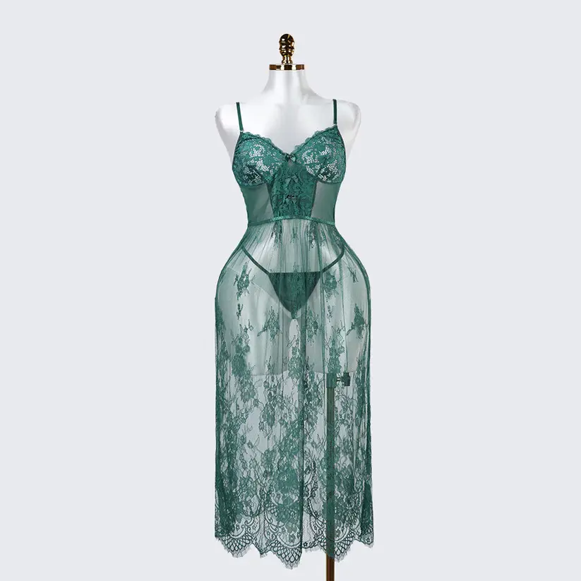 Green Lace Embroidery Negligee Dress