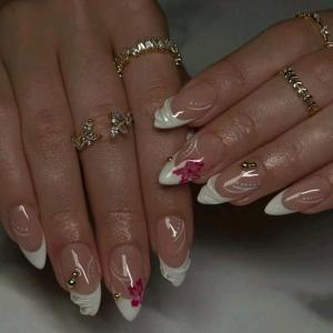 10pcs almond-shaped minimalist floral green accent 3D french nails