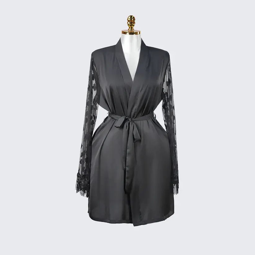 Luxurious Silk Lace Trimmed Kimono Robe