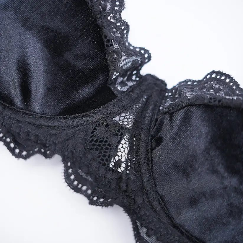 Velvet Lace Trim Sexy Plush See Through Push Up Bra Panty Set