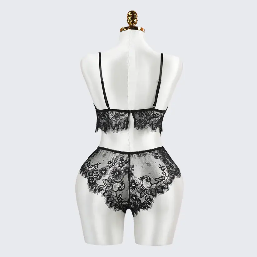 Sexy Black Lace Embroidery Lingerie See-Through Sexy Bra Panties Set