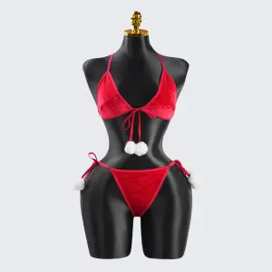 Red Velvet Pom-Pom Embellishment Bra & Panty Set