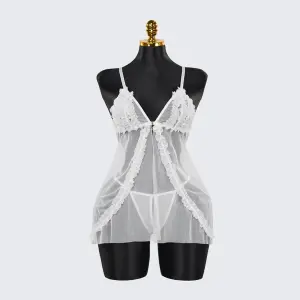Lace Embroidery Deep V See-Through High Slit Babydoll Thong Set