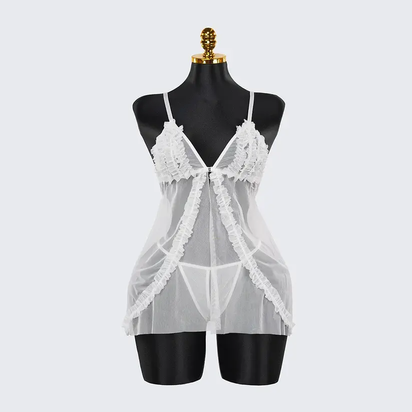 Lace Embroidery Deep V See-Through High Slit Babydoll Thong Set