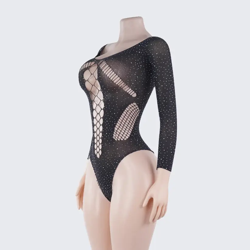 Rhinestone Long Sleeve Bodysuit Cutout See-Through Lingerie