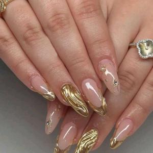 10pcs long almond gold 3D press on nails