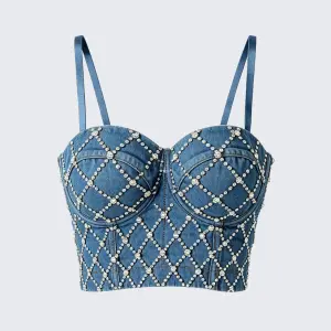 Rhinestone Denim Corset Top Underwire Bustier Spaghetti Strap Crop Top
