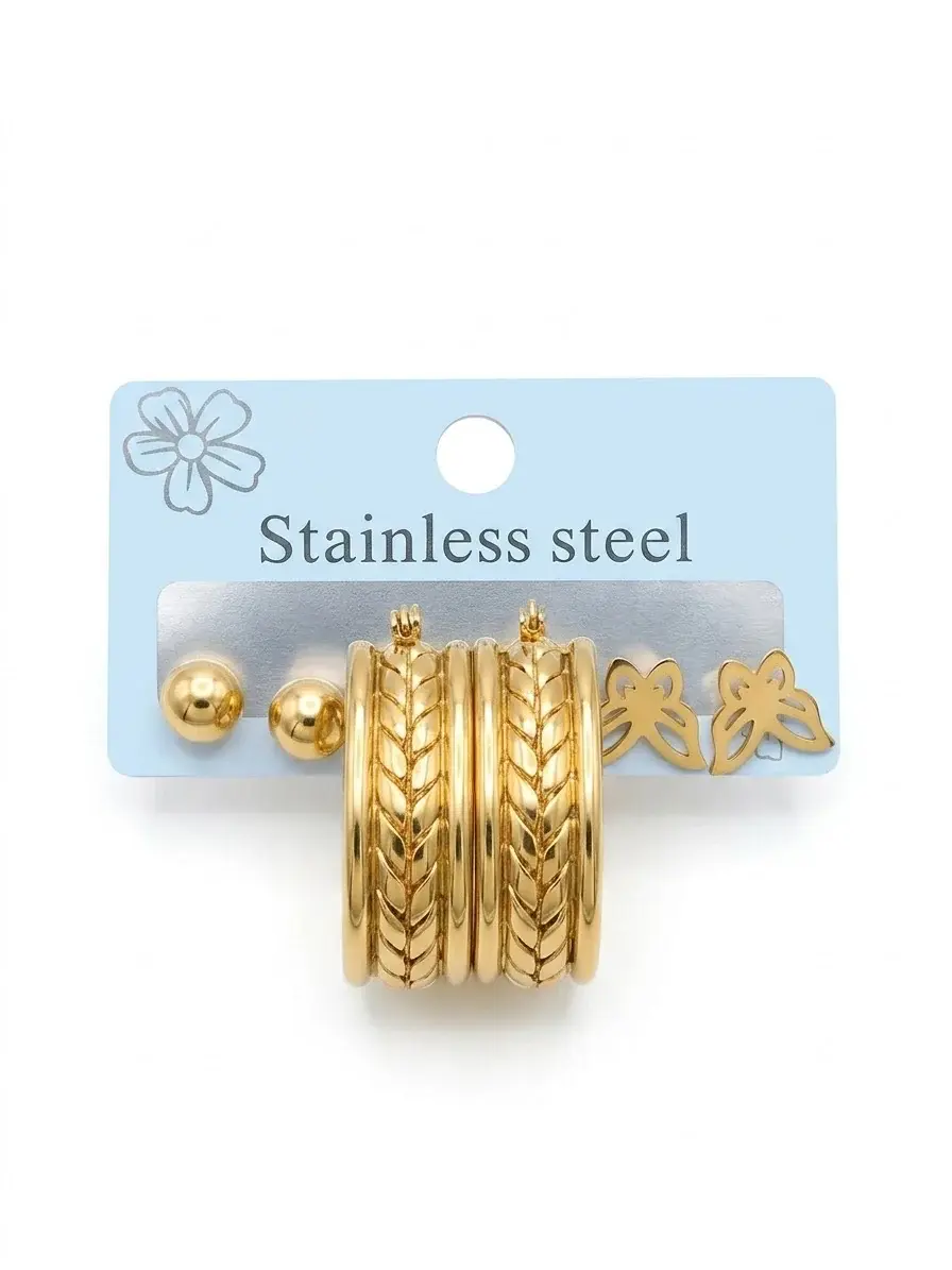 3-Pair Gold Stud & Hoop Earring Set EA-219