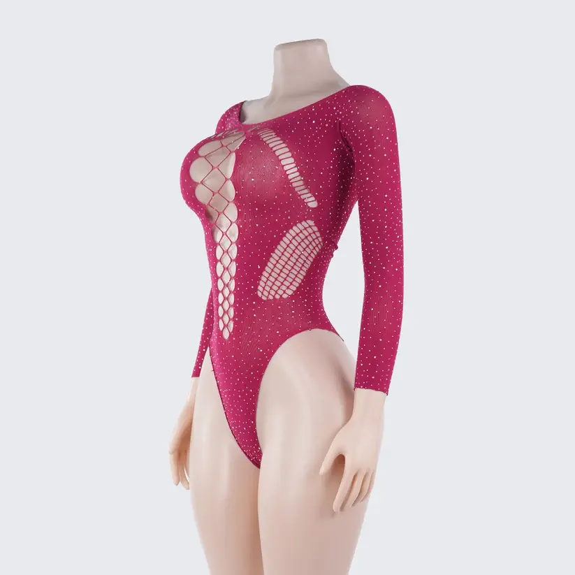 Rhinestone Long Sleeve Bodysuit Cutout See-Through Lingerie