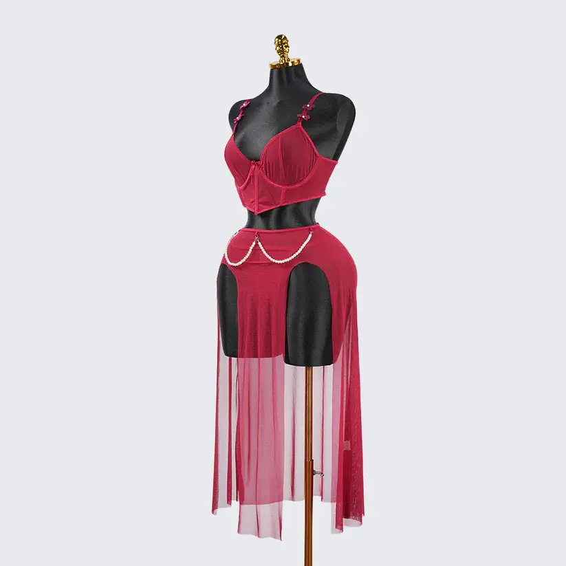 Red Sheer Mesh Lingerie Bra Panty Dress Set