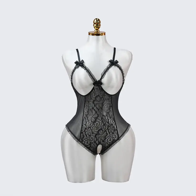 Floral Lace Embroidered Open Crotch Bodysuit