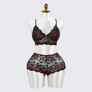 Black Lace Embroidery Sexy Bra Panty Set