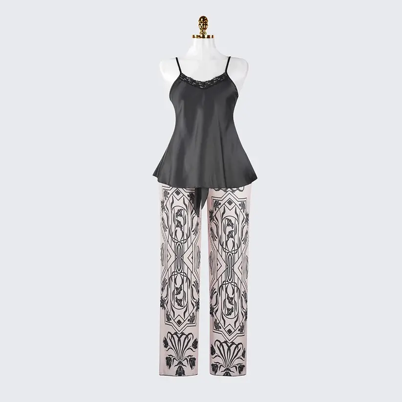 Silk Spaghetti Strap Lace Trim Camisole Pants Sleepwear Set