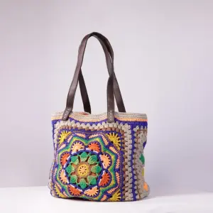 Handmade Crochet Granny Square Tote Bag with Mandala Design & Leather Handles