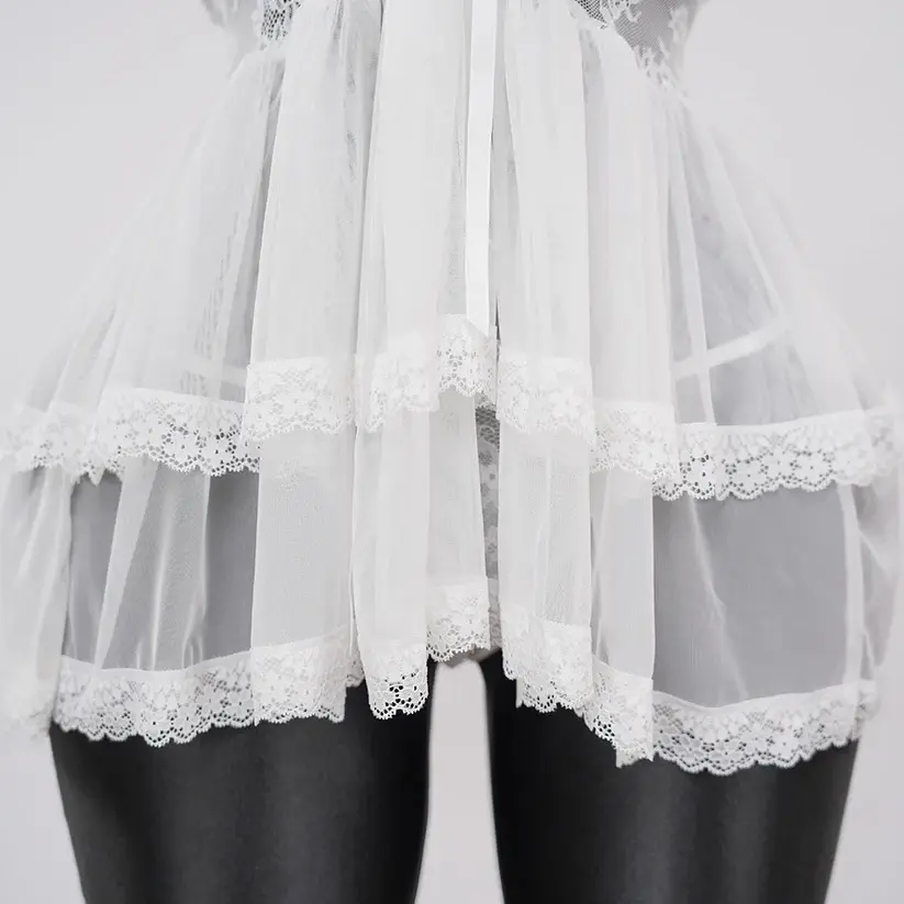 Lace Embroidery Deep V See-Through Babydoll Skirt