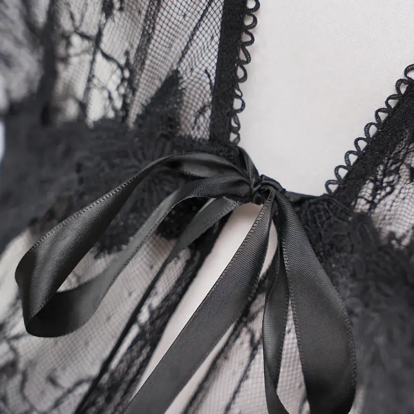 Black Lace Embroidery High Slit See-Through Seduction Negligee Panty Set