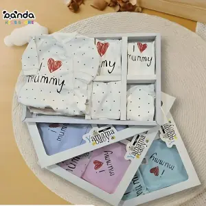 طقم مواليد قطن ١٠ قطع ، مستشفى وسبوع علبة من شيك بيبي ، منقط I love mommy ، هدية