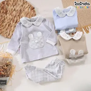 بيجامة قطن بيتي لياقة جيب دبدوب اذن ، بنطلون كاروهات ، لاروزا