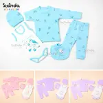 طقم مواليد ٥ قطع قطن ، بيجامة كم وسلوبيت كات داخلي وطاقية وبافيتا، عصفور بناتي