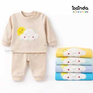 بيجامة بيتي قطن 0-6 شهور بازرار عند الرقبة لسهولة اللبس ، سحابة شمس