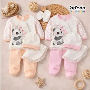 طقم ٥ قطع شاية باندا كرانيش ، توب وبنطلون بيجامة بيتي ، وبافيتا وطاقية وجوانتي ، طقم تجهيز تو جيرلز