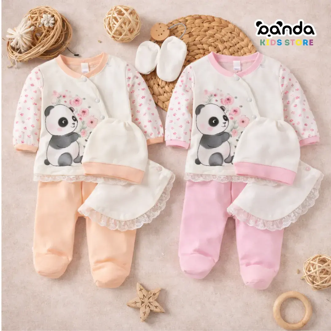 طقم ٥ قطع شاية باندا كرانيش ، توب وبنطلون بيجامة بيتي ، وبافيتا وطاقية وجوانتي ، طقم تجهيز تو جيرلز