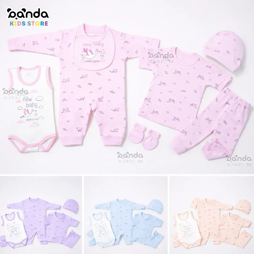 طقم مواليد ٥ قطع قطن ، بيجامة كم وسلوبيت كات داخلي وطاقية وبافيتا، فيل بلونة