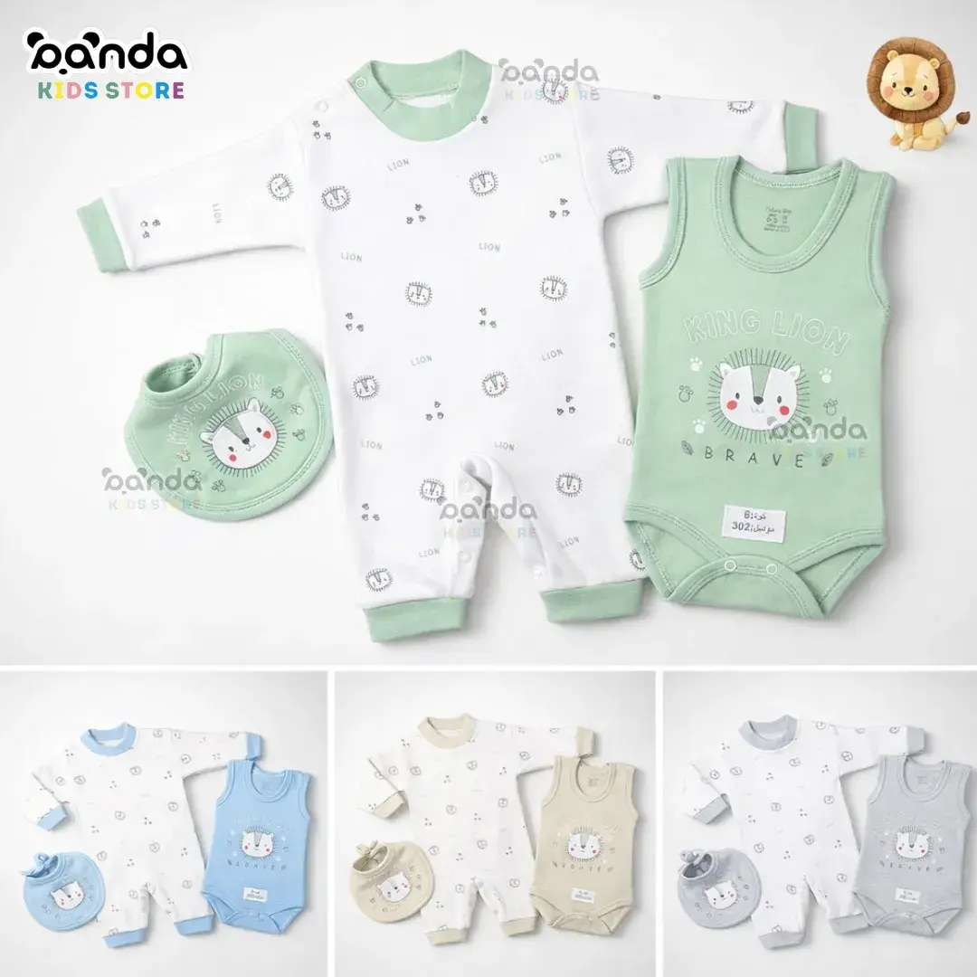 طقم مواليد ٣ قطع قطن ، سلوبيت كم وسلوبيت كات داخلي وبافيتا، اسد
