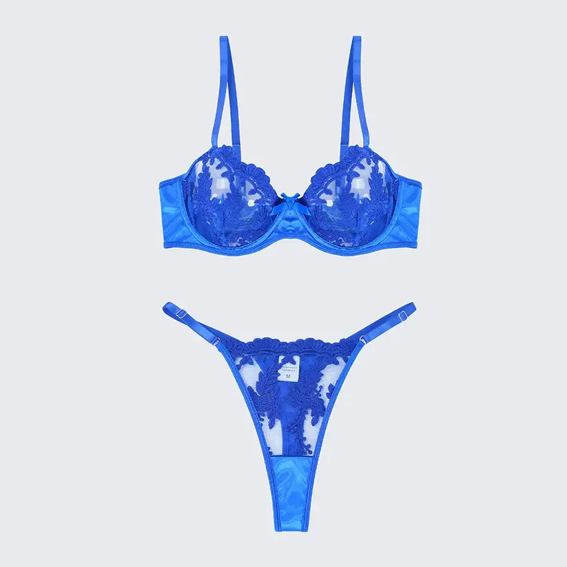 Sexy Mesh Embroidered See-Through Bra Thong Lingerie Set