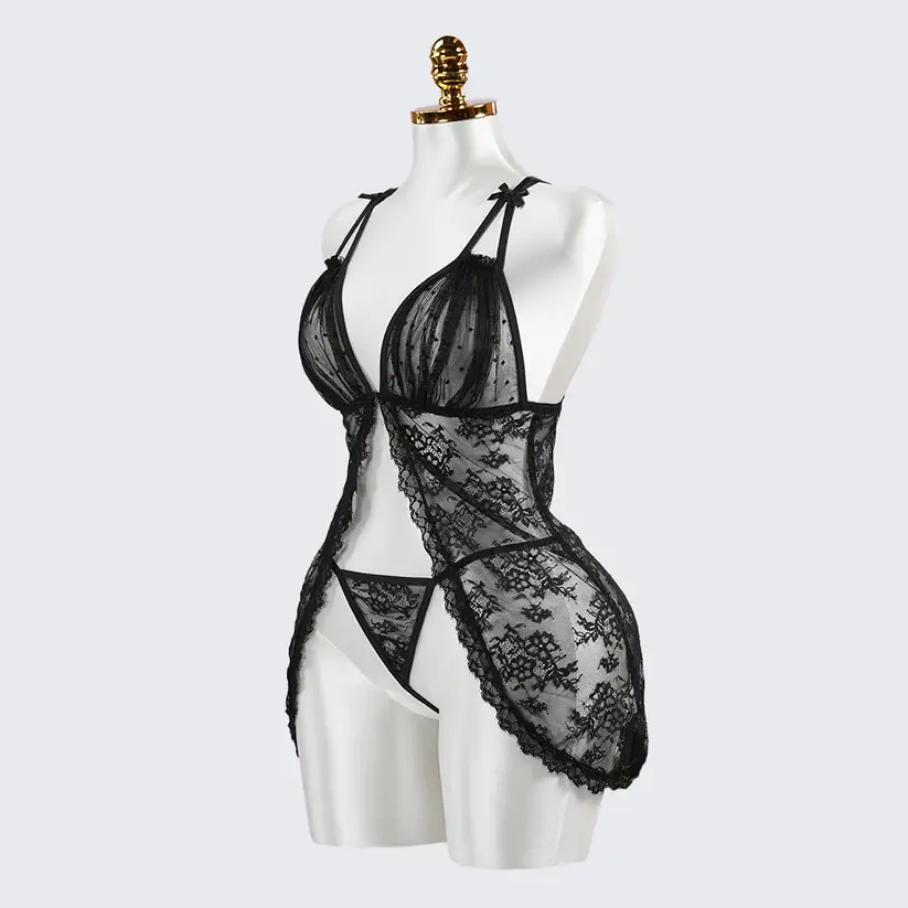 Sexy Black Lace Embroidery Sheer Seduction Babydoll Lingerie