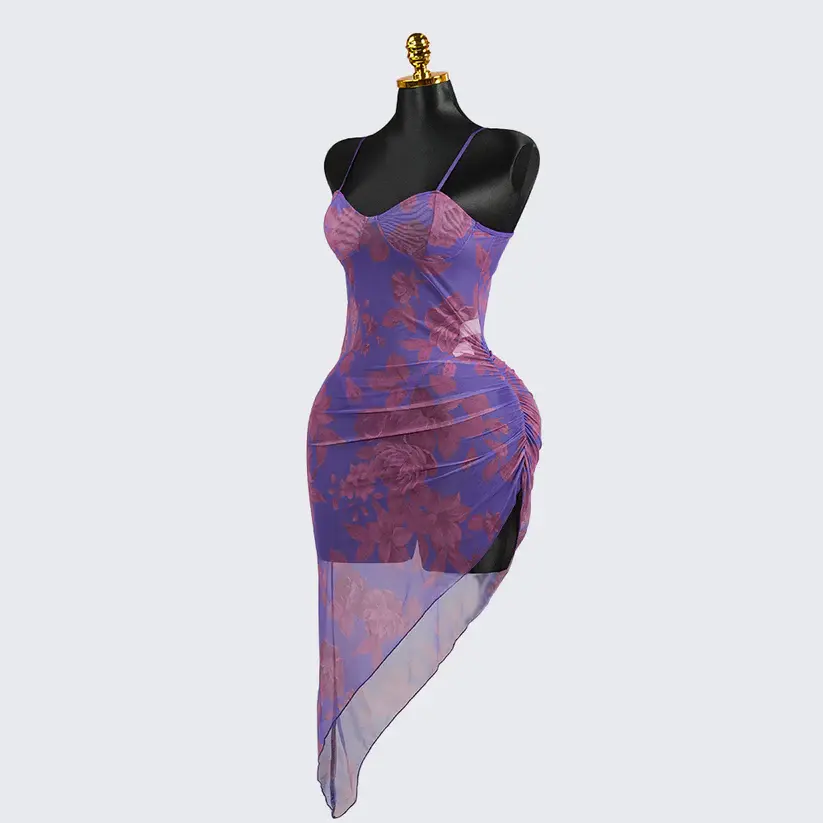 Colorful Elastic See-Through High Slit Suspender Dress