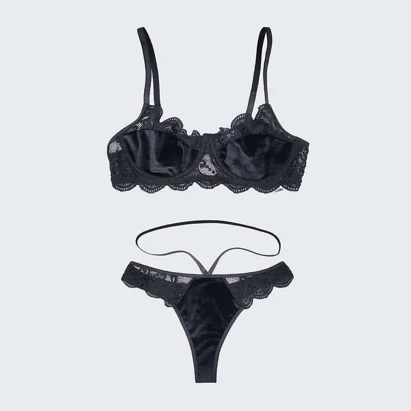 Velvet Lace Trim Sexy Plush See Through Push Up Bra Panty Set