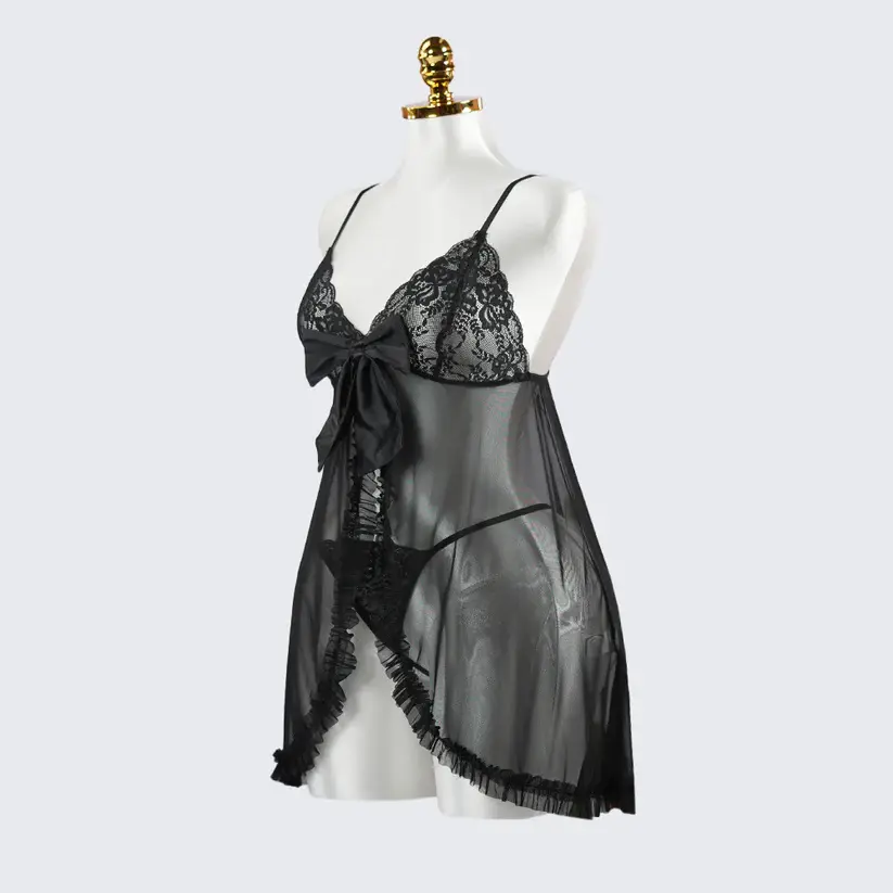 Black Lace Embroidery See-through Hollow Babydolls Lingerie