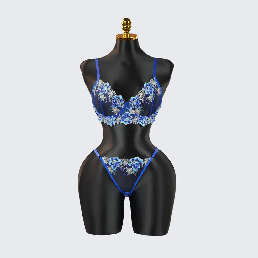 Blue Floral Lace Embroidered See-through Bra