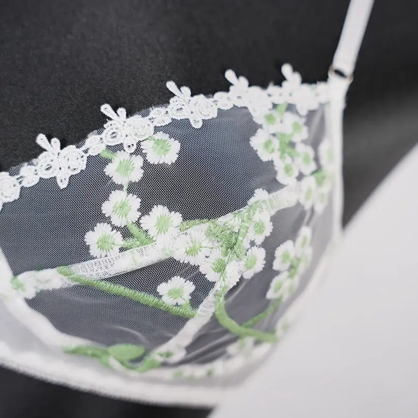 Sexy White Lace Embroidered Lingerie Sheer Bra Panties Set