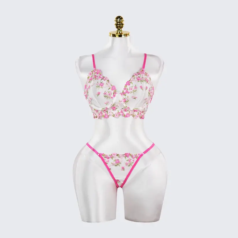 Rose Red Sheer Floral Print Bra and Panty Set