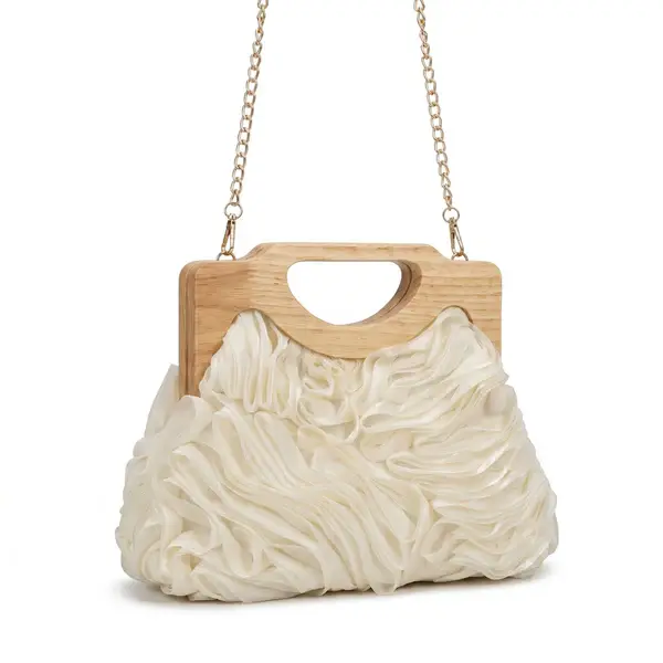 English: Elegant Ruched Handbag with Natural Wooden Handle. VS-53