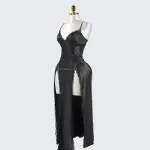 Black Lace Paneled Spaghetti Strap Nightgown