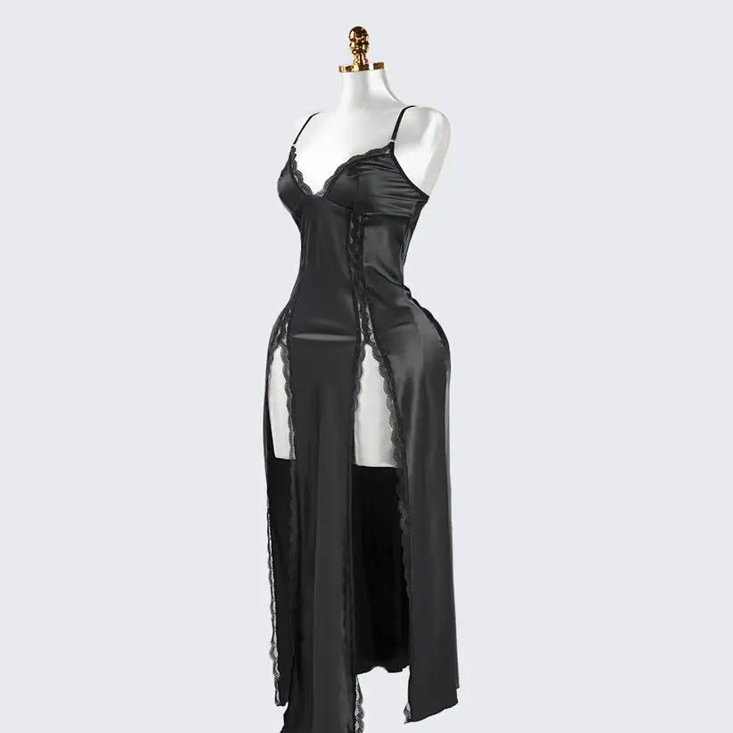 Black Lace Paneled Spaghetti Strap Nightgown