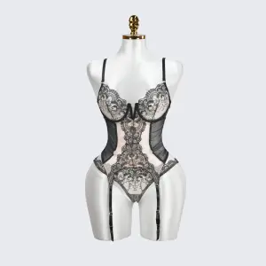 Lace Floral Embroidered Bodysuit Gloves Set