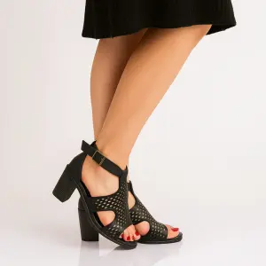 Leather Block Heel Sandals – Perforated Design - C-69