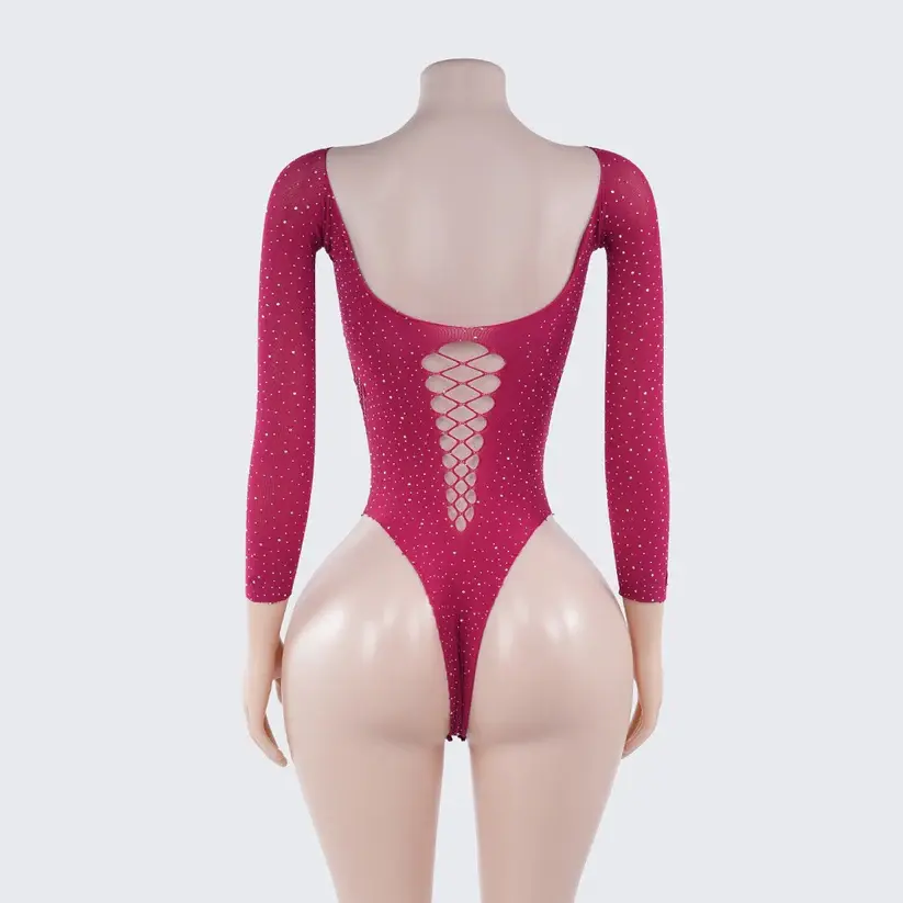 Rhinestone Long Sleeve Bodysuit Cutout See-Through Lingerie