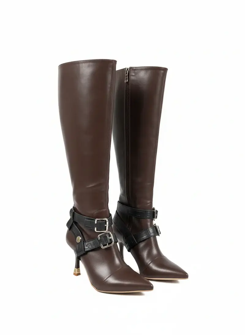 Boots with Decorative Ankle Straps Elegant Knee-High R-60