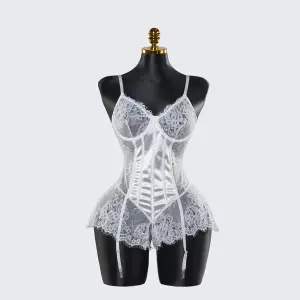 White Lace Embroidery See-Through Hollow Sexy Corset Tops