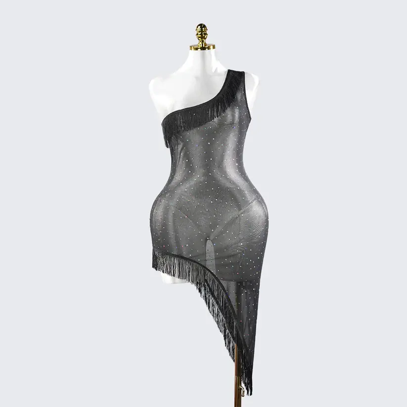 Sparkly Elegant Fringe Mesh Ruffled Sheer Nightwear Dress Lingerie